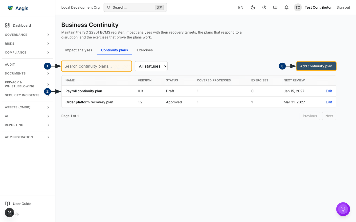 The Continuity plans tab: status filter, versions, review dates and coverage — /continuity?tab=plans.